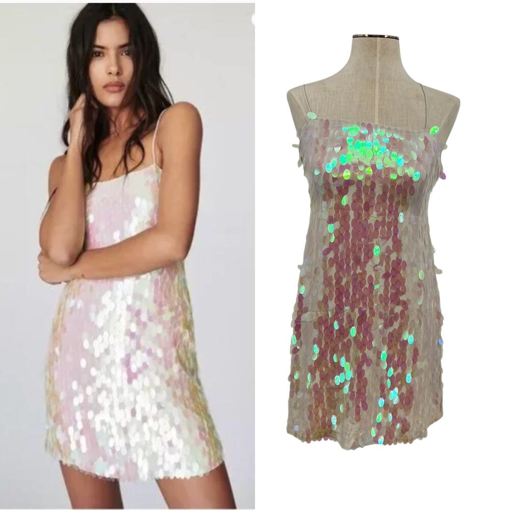 Free People Mermaid‎ Mini Dress Sequin Iridescent Cream White Pink Size 2